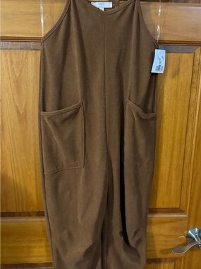 Moa Moa Chestnut Brown Ribbed Kids Jumpsuit with Front Pockets